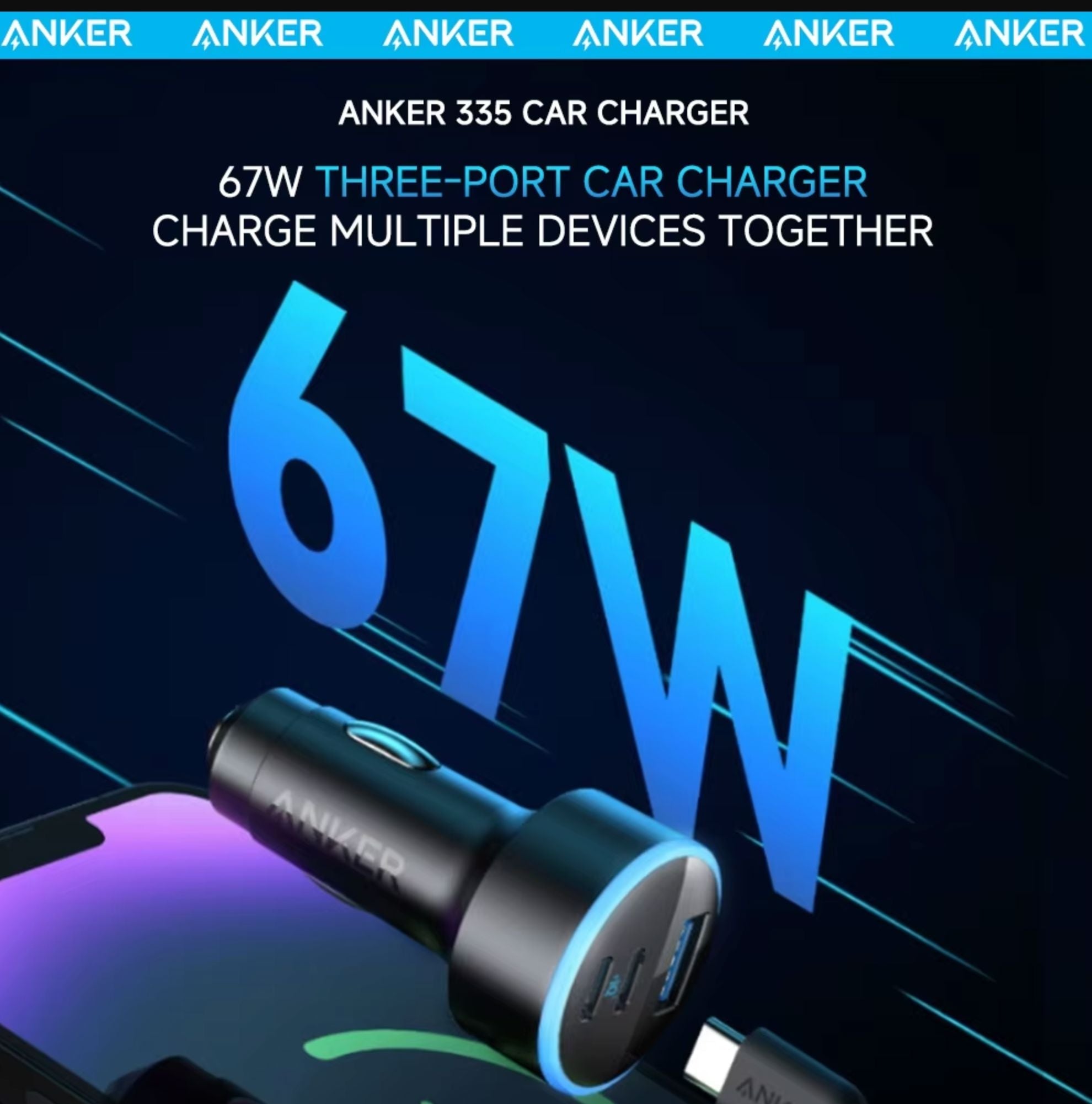 Anker Car Charger 335 USB-C 67W 3-Port Compact Fast Charger